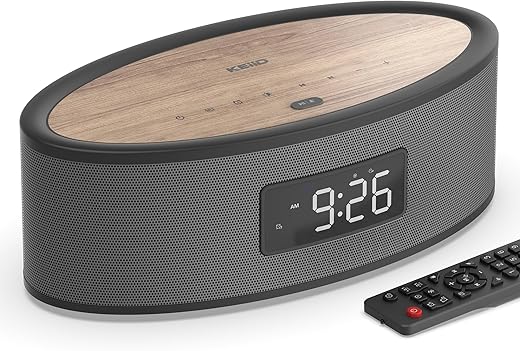 Bluetooth Clock Radio Speaker Compact with LED Clock Dual Alarms, FM Radio, Sound Machine, USB, AUX, Aesthetic Style with Great Sound Performance, Auto Dimmer, Sleep Timer