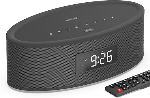 Bluetooth Speaker with FM Radio Alarm Clock, White Noise Sound Machine, USB, AUX, Aesthetic Style with Real Great Sound Performance, Auto Dimmer, Sleep Timer, Remote Control