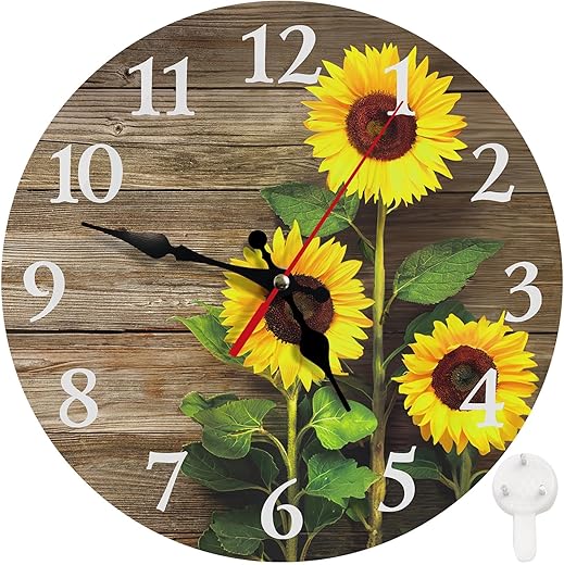 Britimes Round Wall Clock, Silent Non-Ticking Battery Operated Clock 10 Inch, Decor for Bathroom, Bedroom, Kitchen, Office or School Sunflowers Wooden