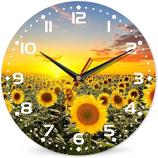 Clock for Living Room, Sunflowers Fields Under The Sunshine Wall Clock, Contemporary Home Decor Easy to Read Wall Clock for Living Room, Bedroom, Bathroom and Kitchen, 10 Inch