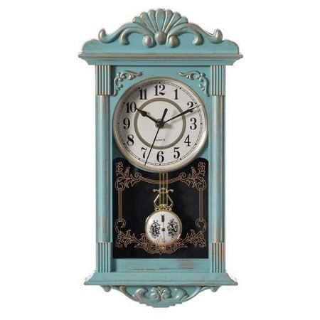 Clockswise Vintage Grandfather Wood- Looking Plastic Pendulum Wall Clock for Living Room, Kitchen, or Dining Room, Blue with Gold Distressed Design