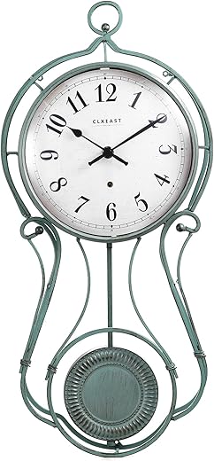 CLXEAST 20 Inch Metal Pendulum Wall Clock Battery Operated,Large Schoolhouse Metal Wall Clock with Pendulum,Decorative Wall Clocks for Living Room Decor,Antique Aged Teal Green Finish