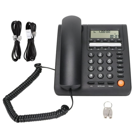 Corded Landline Phone with 16-Bit LCD Display, 3 Alarm Clocks, Call Memory, and Button Design, Black Color, Desktop Use with Clear Display