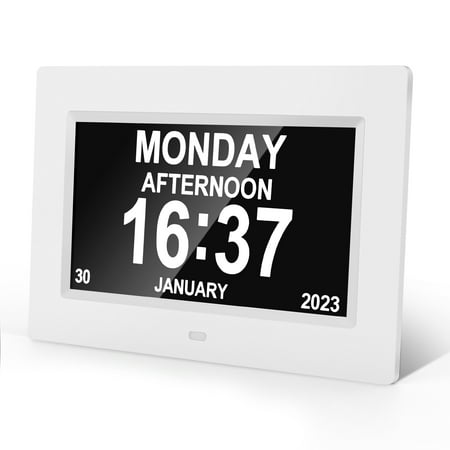 Crtynell Digital Day Calendar Clock Multifunctional Extra Large Dementia Digital Clock with 5 Alarms and Medication Reminders Impaired Vision Digital Clock (7 White)