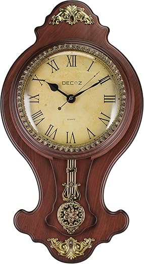 Decoz Pendulum Wall Clock with Antique Heirloom Style - Vintage and Elegant Home Decoration - Battery Operated, 27” Tall Wall Décor with Character