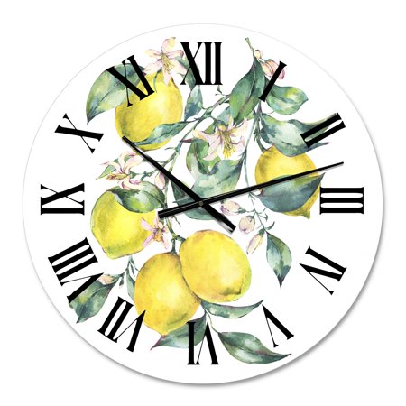 DESIGN ART Designart 'Branch of Yellow Lemons and Leaves I' Tropical wall clock 16 In. Wide x 16 In. High