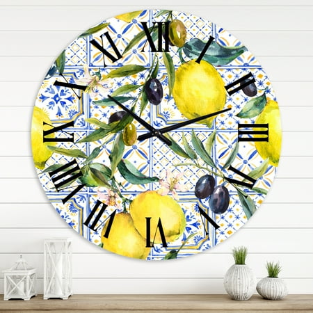 Designart 'Lemon Ornament On Blue Geometrical Pattern Iii' Tropical Wall Clock