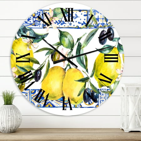 Designart 'Lemon Ornament On Blue Geometrical Pattern Ii' Tropical Wall Clock