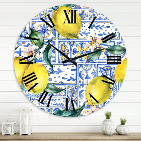 Designart 'Lemon Ornament On Blue Geometrical Pattern I' Tropical Wall Clock