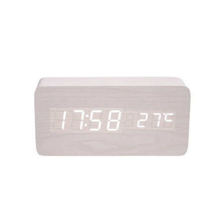 Digital Alarm Clock, LED Desk Power Saving Mode Wood Grain for heavy sleepers adults White