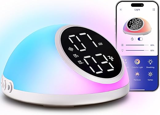 Digital Dual Alarm Clock Bedroom, Up to 10 Alarms Clock Sound Machine Light, Digital Alarm Clocks Bedrooms Dimmable Button/App Control Snooze 12/24H 23 White Noises Sounds Timer, White