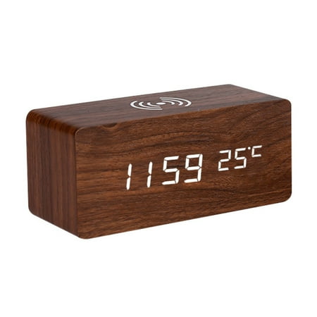 Digital LED Alarm Clock Phone Wireless Charger Electric Wooden Grain Clocks with Snooze and Brightness Adjustable Home Decor C