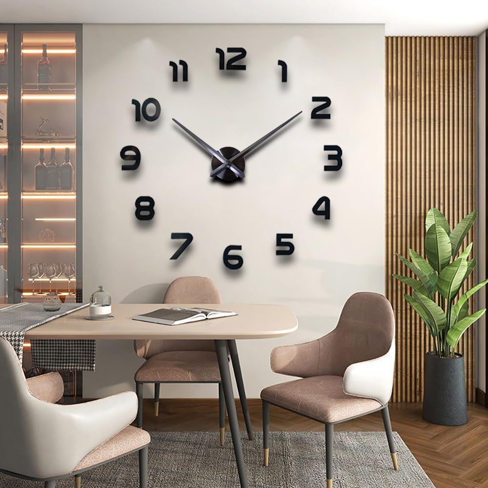 DIY 3D Wall Clock Large Frameless Watch Mirror Surface Wall Art Clock for Living Room Bedroom Office Hotel Wall Decoration (DIYL001-Black)