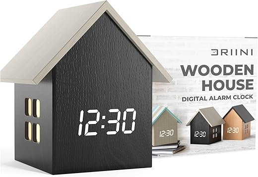 Driini Digital House Shaped Alarm Clock with Temperature Display (Dark Wood) – Modern Aesthetic with Cute Cube Frame and White LED Dimmer - Perfect Large Desk Clock for Bedside Table or Bedroom Mantle