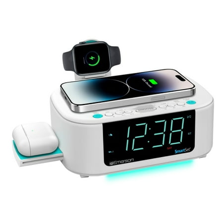 Emerson SmartSet Multiple Wireless Charging, Dual Alarm FM Clock Radio with Bluetooth, Dual USB Charging, 1.2 Cyan LED Display and Décor, CKSW5010