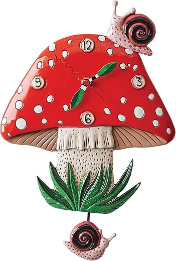 Enesco Allen Designs Fun-Guy Forest Mushroom and Snails Sculpted Pendulum Wall Clock, 11.61 Inch, Multicolor