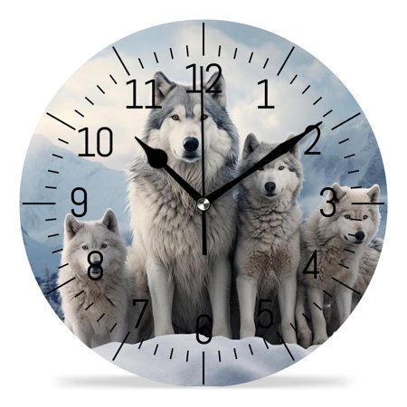 erolrail Rustic Wall Clock,Silent Non Ticking Wall Clocks for Living Room,Bedroom,Kitchen 12IN Winter Wolf Family 3D Forest Animals Multicolor