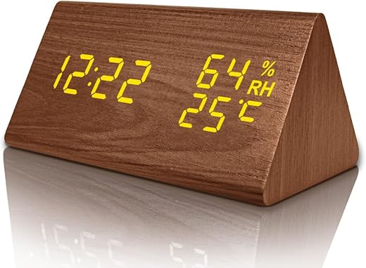 everwood Digital Alarm Clocks Wooden LED Time Display with Humidity&Temperature Detect(Brown Triangle)