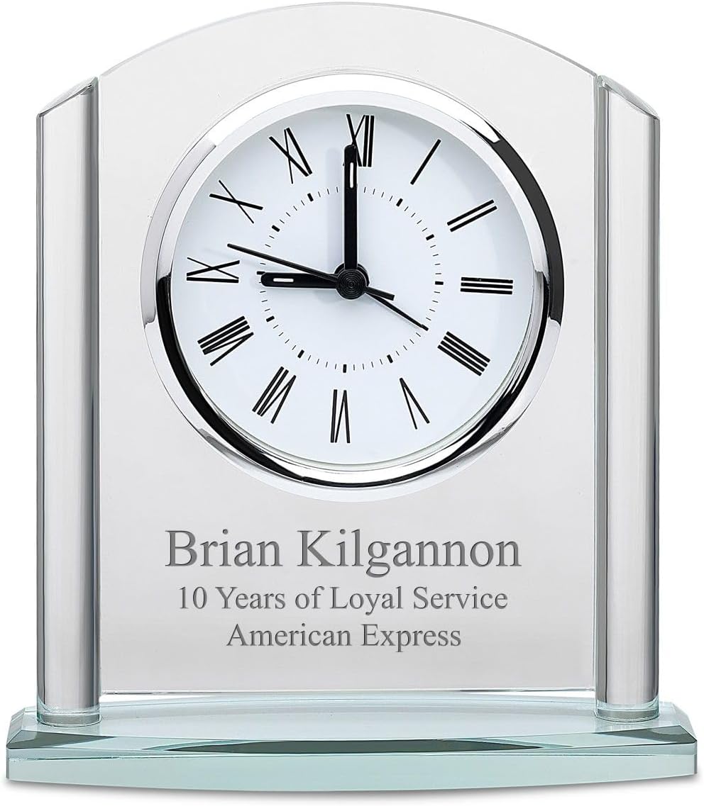 Executive Gift Shoppe Arched Glass Personalized Desk Clock with Silver Finish Base | Custom Laser Engraved Tabletop Clock with Free Engraving