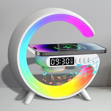 Fankiway Wireless Charger Lamp Bluetooth Speaker Music Clock Alarm Key and APP Control, Summer Savings Clearance