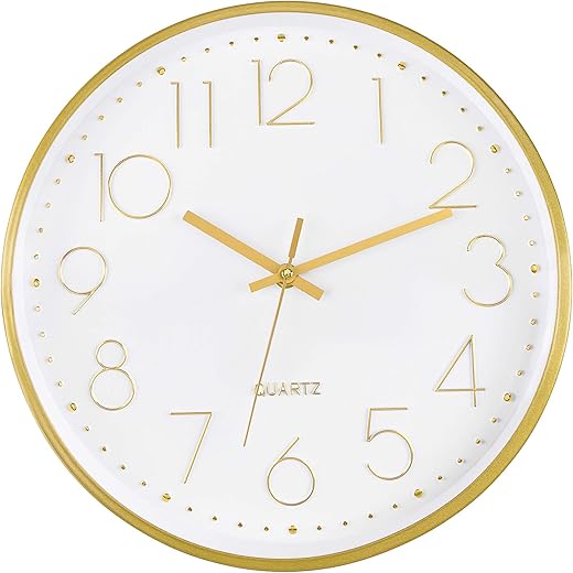 Foxtop Gold Wall Clock 12 Inch Silent Non-Ticking Battery Operated Round Quartz Modern Wall Clock for Office Living Room Kitchen Bedroom Home Decor