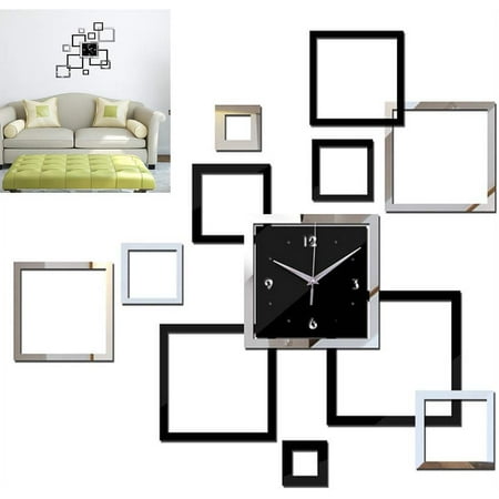 Frameless Wall Clock, Square Creative Wall Clock, 3D Wall Sticker, DIY Wall Stickers, Butterfly Mirror Stickers, Acrylic Mirror Decoration, Fashion Decoration Black & Silver