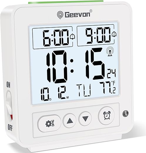 Geevon Atomic Travel Alarm Clock with Auto/8s Backlight, 2 Alarm Settings, Temperature Detect, Increasing Beep Sounds Digital Atomic Travel Clock Battery Operated for Bedroom, Bedside