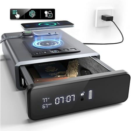 Grimtron Biometric Clock Gun Safe for Pistols with LED Screen, 2-in-1 Smartphone Wireless Charging