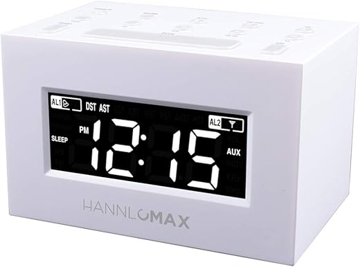 HANNLOMAX HX-111CR Alarm Clock Radio, PLL AM/FM Radio, Dual Alarm, White LED Display, Auto DST, Aux-in Jack. (White)