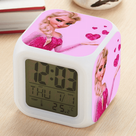 HANNTAOO Digital Alarm Clock for Kids, Cartoon Frozen Pattern 7 LED Color Changing Wake Up Clock with Thermometer Function and Night Light, Gift for Boys Girls A93-552 HTNL#1143