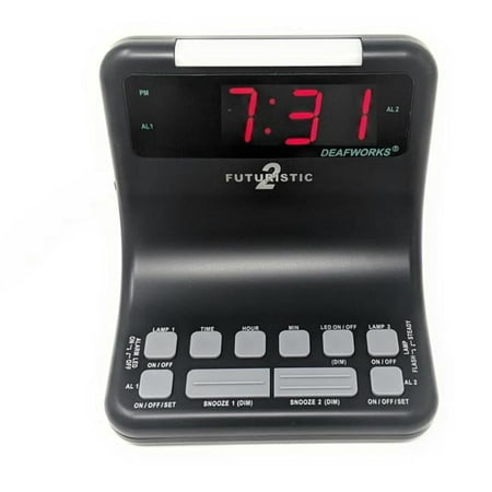 Harris HC-ALM202B Deafworks Futuristic 2 Dual Alarm Clock with Flashing or Steady Light mode & Dual USB Charging Ports, Black