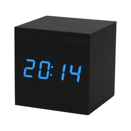 Helenmas Clock Wood Desk Black Voice Alarm Clock Wooden Control LED Brown Digital Clock Blue