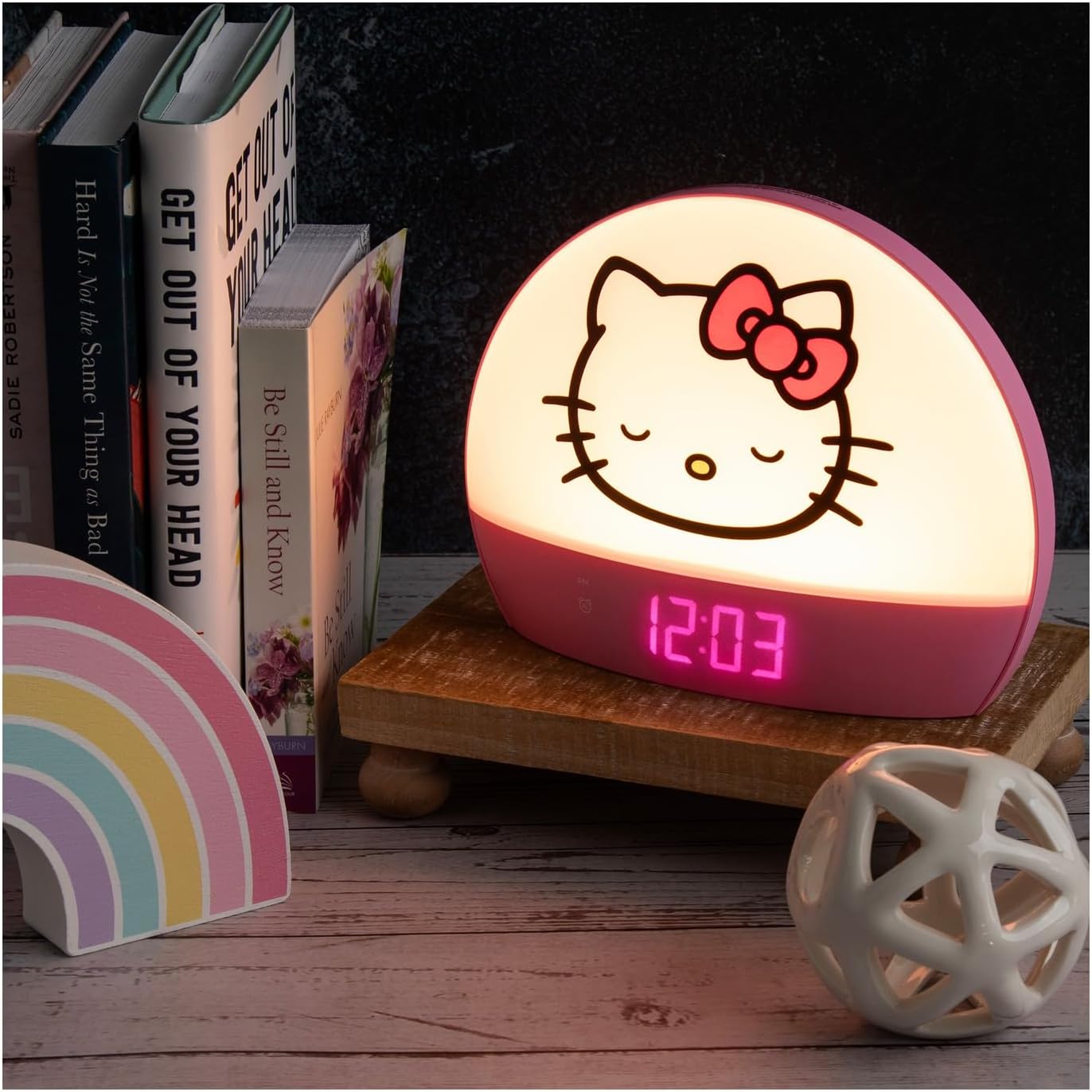 Hobby Lobby Hello Kitty Sunrise Alarm Clock, Arched Shape, Time/Date/Temperature Display, USB Charging Ports, Gradual Sunrise Effect, Night Light, Pink