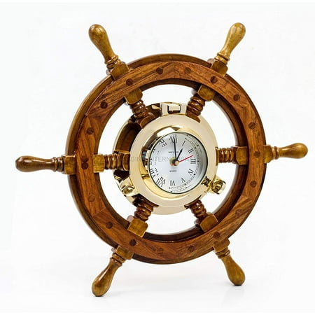 Home Decorative Maritime Ship Wheel With Brass Porthole Quartz Clock - Pirate Home Decor Wall Hanging Gifts - Nagina International (16 Inches)