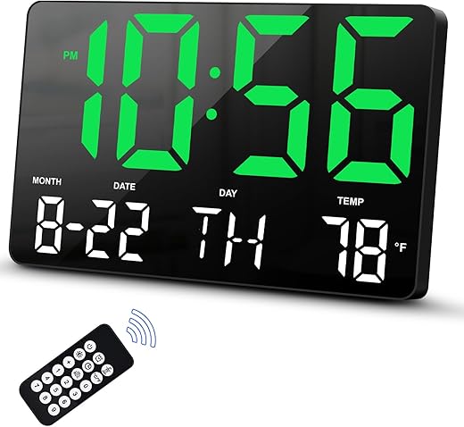 Hournor Digital Clock, Digital Wall Clock with Remote Control, LED Clock Large Display with Date Week Temperature for Living Room Decor, Large Wall Clocks for Bedroom Office Gym Shop Garage (Green)