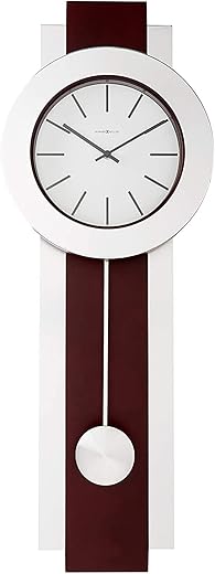 Howard Miller Bergen Wall Clock 625-279 Modern, Merlot Cherry Finish, Brushed Nickel Pendulum, Bezel & Sidebars, Quartz Movement, Black Bar Hour Markers