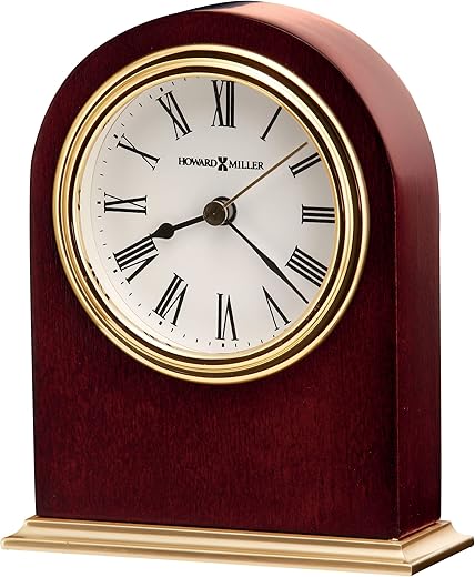 Howard Miller Craven Table Clock 645-401 – Modern Arched Shaped Clock, Low-Gloss Rosewood Hall Finish, Brass Finish Metal Bass, Felt Bottom, Quartz Movement