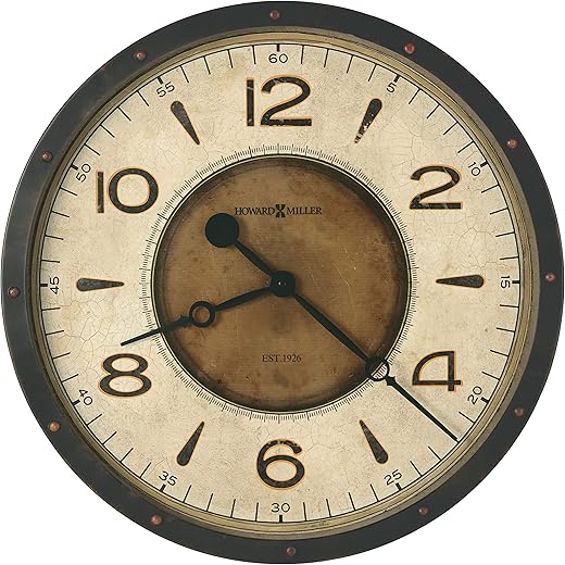 Howard Miller Kayden Oversized Wall Clock 625-748 – Aged Black Finished Metal, Bold Arabic Numerals, Rustic Rivets, Vintage Home Décor, Quartz Movement