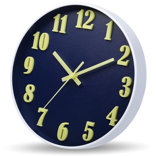 HZDHCLH Luminous Wall Clock Glow in The Dark, Modern Wall Clocks with 3D Numbers,Decorative Wall Clock Battery Operated for Bedroom Kitchen Living Room Office (Navy)