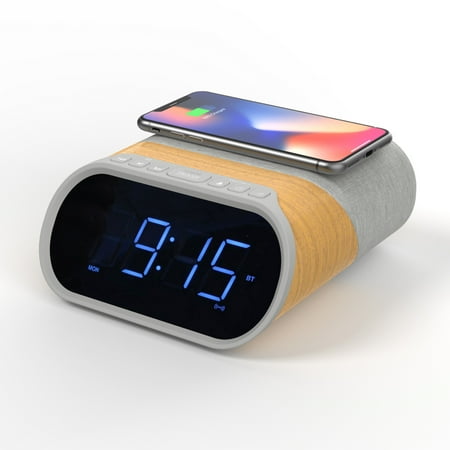 i-box Daybreak, Alarm Clock Radio w/ Wireless Speaker, 10W Wireless Charger, LCD Display, Color Wood