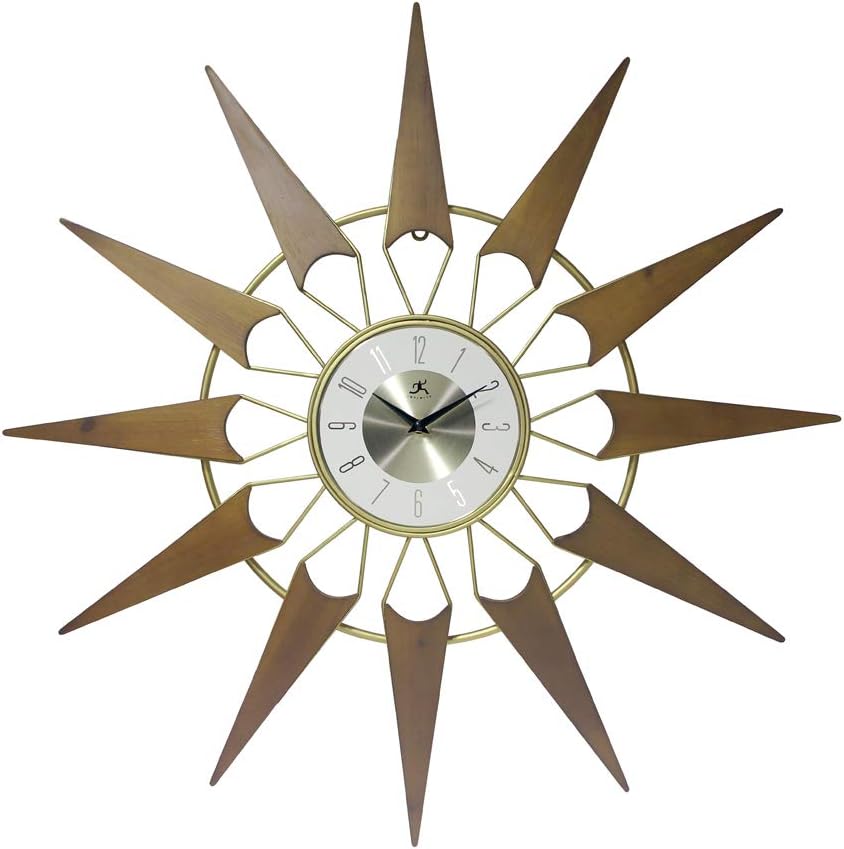 Infinity Instruments Nova Starburst Gold Wall Clock Vintage Mid Century Starburst Clock 31 inch Extra Large 50s 60s Mid Century Modern Decor Wall Hanging Sunburst Clock, Gold, Brown