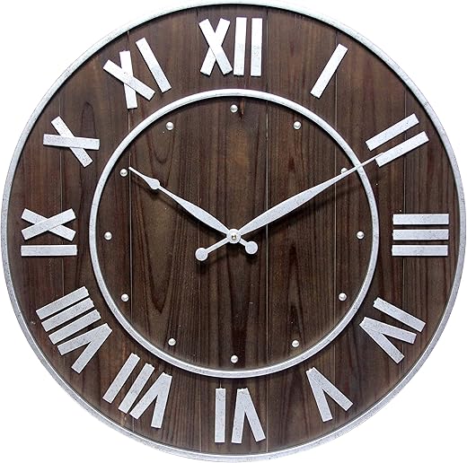 Infinity Instruments Wooden Barrel Wall Clock, Country Retro Farmhouse Style Elevates Any Room in The Home, 24 Inch, Dark Brown