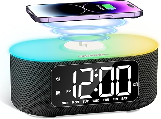 JALL Fabric Alarm Clock for Bedroom, with Big Led Screen Display, Bluetooth Stereo Sound Speaker, FM Radio, Fast Wireless Charging, USB Charging Port, Nightlight, White Noise, Ideal for Gift, Black