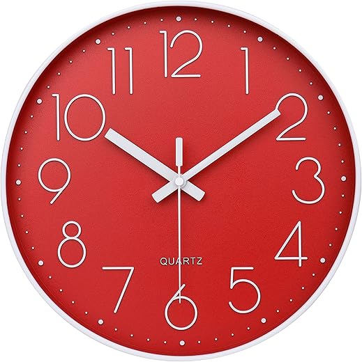 jomparis Red Wall Clock 12 Inch Silent Non-Ticking Battery Operated Quality Quartz Round Wall Clock Modern Decor Clock for Home Bedroom