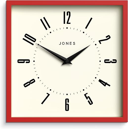 JONES CLOCKS® Box Wall Clock | Retro Square Clock | 10 inch | Red | Easy to Read Numbers | Perfect Kitchen Clock or Office Clock