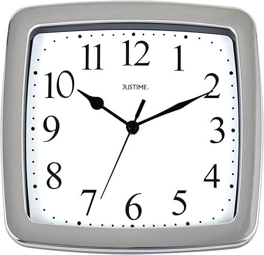 JUSTIME 8.5-inch Quality Square Water Resistant Quartz Wall Clock Water Resistant Special for Small Space, Office, Boats, RV (W40507 Chrome)