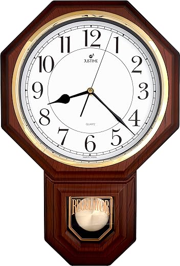 JUSTIME Traditional Schoolhouse Easy to Read Pendulum Plastic Wall Clock Chimes Every Hour with Westminster Melody Made in Taiwan, 4AA Batteries Included (PP0258-WDW Dark Wooden Grain)