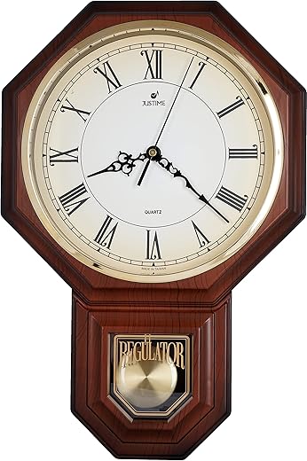 JUSTIME Traditional Schoolhouse Pendulum Wall Clock Chimes Hourly with Westminster Melody Made in Taiwan, 4AA Batteries Included (PP0258-RDW Dark Wood Grain)