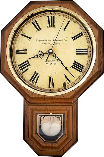 JUSTIME Traditional Schoolhouse Vintage Roman Pendulum Wall Clock Chimes Hourly with Westminster Melody. (PP-VR-LW Light Wood Grain)