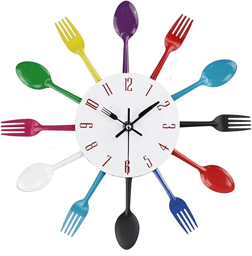 Kitchen Wall Clock, Kitchen Cutlery Wall Clock with Forks and Spoons 3D Removable Modern Creative Wall Clock for Home Room Decor and Nice Gifts (Colorful)